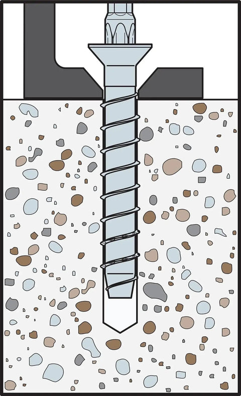 Illustration of Titen HD 1/4 In X 3-1/2 In Zinc-Plated Countersunk Head Heavy-Duty Screw Anchor installed in concrete