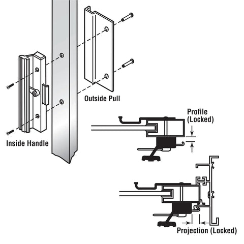 Diagram of MP1006 Clamp Style Sliding Glass Door Handle Set, Surface Mount Aluminum With Flush Exterior Pull And Interior Pull