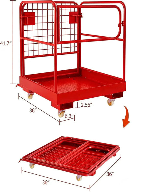 Foldable Forklift Safety Cage 1200Lbs 1-3 Person Capacity With Lockable Wheels, red metal, dimensions 36in x 36in, folded and upright view
