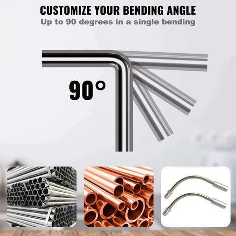 90-degree bent metal pipes showcasing Ratcheting Pipe Bender Kit With 7 Dies And Pipe Cutter For Air Conditioning And Refrigerator Repair