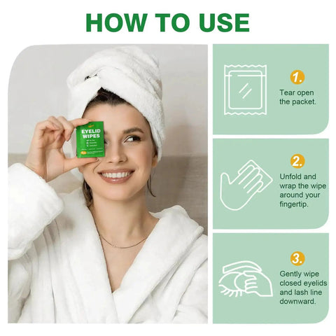 Smiling woman holding Tea Tree Oil Eyelid Wipes Individually Wrapped Hydrating For Sensitive Eyes, showing usage steps.