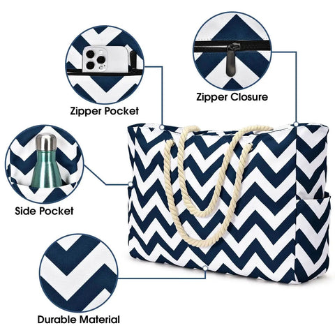 Go To Beach Tote Bag For Women With Zipper Waterproof And Sandproof Huge Capacity Holds Towels Sunscreen Clothes And More For Family Beach