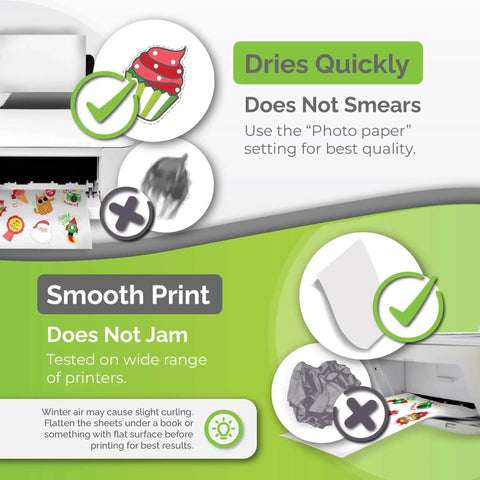 Premium Printable Vinyl Sticker Paper For Inkjet And Laser Printers With 56 Self Adhesive Matte White Sheets Waterproof Quick Dry Vivid Colors That Hold Ink Well Tear Resistant For Indoor Outdoor Use AgoDeo, showing print quality and smooth feed through a printer.