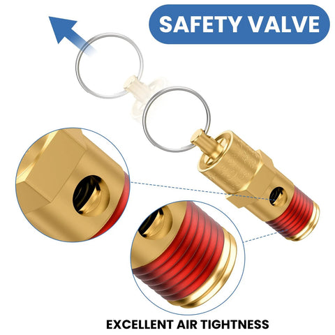 Brass 1/4 in NPT safety relief valve for air compressors; red threaded end with brass body