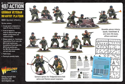28mm German Army Veterans Infantry Platoon Plastic Miniatures For Bolt Action War Game, 30 Dope Figures With Flamethrower Panzerbüchse 39 MG34 Granatbuchse 39 Flexible Weapon Configurations Plus Command Options