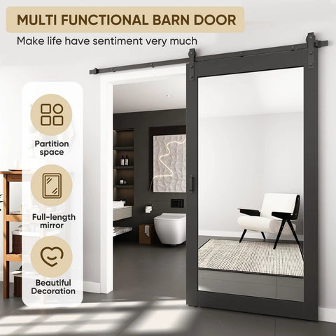 Mirror Barn Door 42 Inch By 84 Inch With 7 Foot Sliding Hardware Kit Included One Lite Full Length Frosted Glass Solid Wood