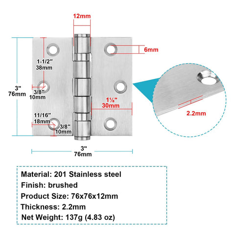 MOUNTAIN_ARK 3x3 in stainless steel door hinge with ball bearing, brushed finish