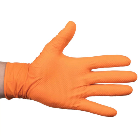 Heavy Duty Nitrile Gloves 8 Mil Diamond Grip Latex Free Orange XXL 100 Count shown on hand