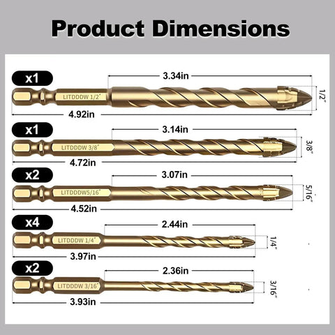Masonry Drill Bit Set For Concrete And More 10 Pc Tungsten Carbide Four Flute Serrated Eccentric Bits sizes and dimensions