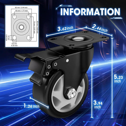 Set of four 4-inch locking caster wheels with brakes, black frame and gray wheels, top-plate mount