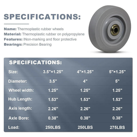 Specifications of 4 Inch Thermoplastic Rubber Caster Wheels Set Of 4 Heavy Duty Precision Bearing Non Marking Floor Safe And Floor Protective