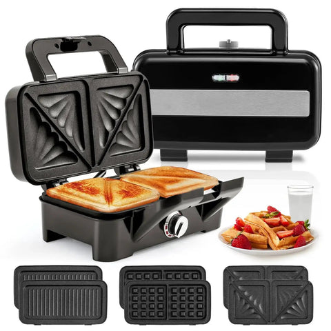 3 In 1 Sandwich Maker Waffle Maker With Removable Plates And Panini Press, 1200W, showing toasted sandwiches and waffle plate