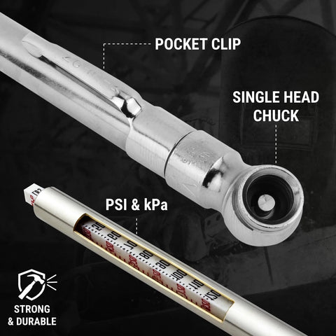 Milton S-921 pencil tire pressure gauge with built-in deflator valve, plated brass, pocket clip; PSI & kPa readout