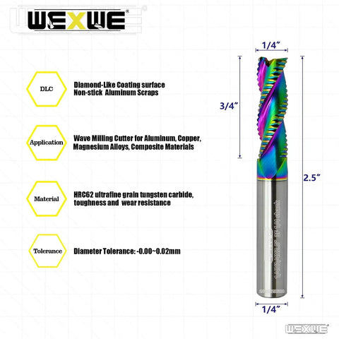Roughing End Mill With DLC Coating For Aluminum Copper Magnesium Alloys And Composite Materials Three Flute Wave Edge Carbide Milling Cutter Quarter Inch Shank Two Piece Set For High Efficiency Roughing Machining, shown in side view with dimensions.