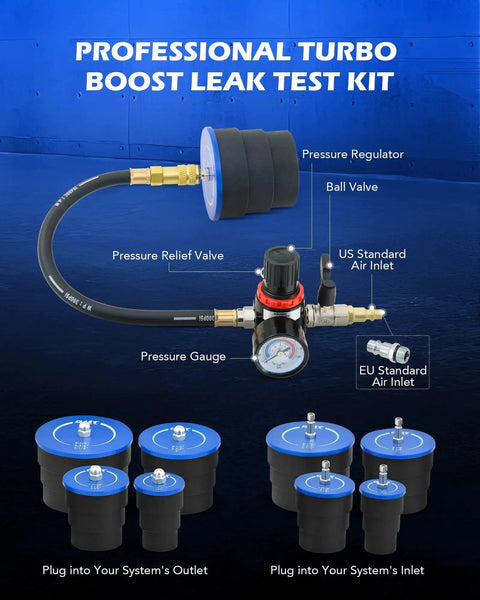 Turbo Leak Tester Kit With 4 Stepped Adapters For Turbo Cooling And Emissions components on blue background.
