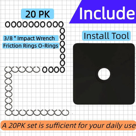Three Eighths Inch Impact Wrench Retaining Ring Kit With Pro Grade Friction Rings O Rings And Anvil Tools For Electric And Pneumatic Wrenches Using A Three Eighths Inch Square Drive 20 Sets displayed with rings and install tool on grid background.