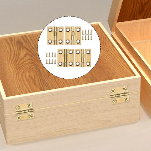8 Pack Brass Jewelry Box Hinges 1 Inch Gold Mini Hinges For DIY Craft Projects With Mounting Screws Ideal For Small Wooden Boxes Jewelry Chests Drawers Doors Closets installed on a wooden box
