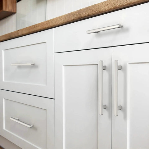 10 Pack Brushed Satin Nickel Cabinet Pulls Bar Style 5 Inch 128mm Hole Centers Modern Kitchen Cabinet Handles Installed on White Cabinets