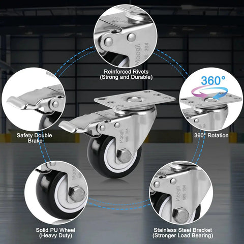 Moogiitools 2-inch stainless steel caster wheel with brake and PU wheel, set of 4 (front view)