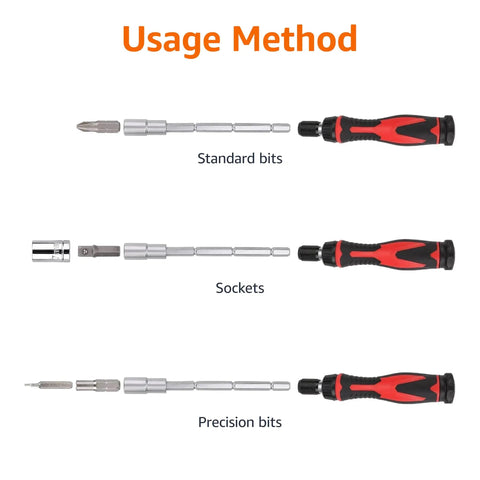 Magnetic Ratcheting Wrench And Electronics Precision Screwdriver Tool Set For Household Repairs, showing usage methods.