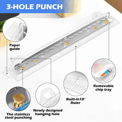 Portable 3 Hole Punch For 3 Ring Binders With One Quarter Inch Holes, showing ruler, scrap tray, paper guide, and steel punching