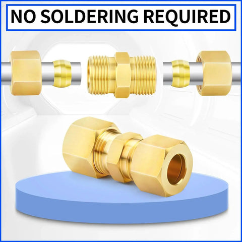 Brass Compression Tube Fitting One Quarter Inch OD to One Quarter Inch OD Union Connector 10 Pack with nut and ferrule.