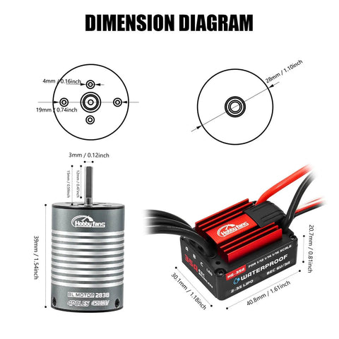 Dimension diagram of Brushless 2838 4500KV Motor And 35A Waterproof ESC For 1/14 And 1/16 RC Cars Like Traxxas E-Revo Losi JRX2 Redcat Volcano