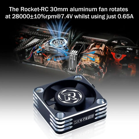 30mm RC Cooling Fan For ESC And Brushless Motors Up To 28000 RPM, Perfect For 1/8 1/10 1/12 Scale RC Cars And 540 550 Motors, High Airflow, Overheat Prevention, Black Silver Finish shown in packaging and installed on a RC car