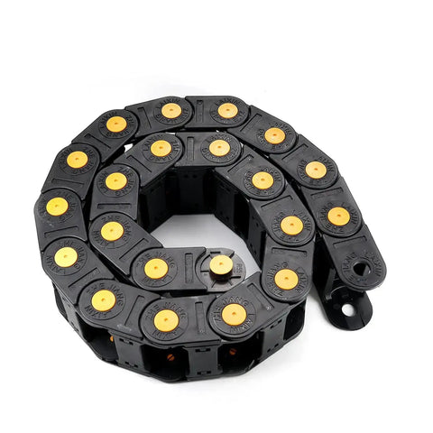 Open Type Drag Chain Cable Carrier With End Connectors 25x50 mm Inner Size R55 Bend Radius 1 Meter Length Heavy Duty Nylon Plastic Black With Yellow Dots Built For Electrical CNC Router Machines 1 Piece curled on white background