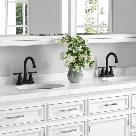 Bathroom with double sinks featuring 4 Inch Centerset Matte Black Bathroom Faucet With Pop Up Drain And Two Hoses installed.