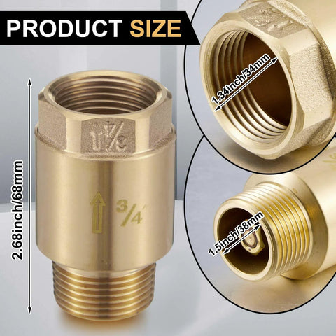Brass inline check valve, 3/4 inch, NPT male to FNPT outlet, backflow preventer for irrigation systems
