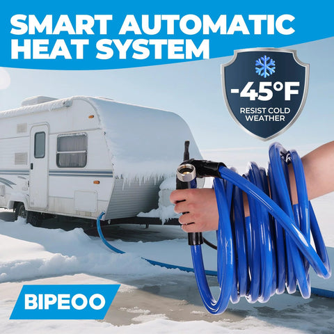 Blue 30ft heated RV water hose, BPA- and lead-free, BIPEOO brand, coiled in hand beside a snow-covered RV.
