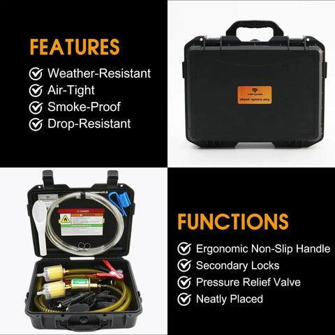 Portable 12V Fuel Transfer Pump Kit With 30 GPH Flow For Cars Boats And Heavy Equipment in a black carrying case, open view.