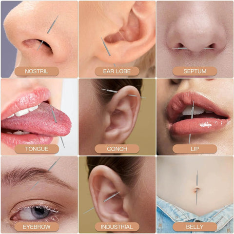 Image showing various piercings on different body parts, demonstrating potential uses for the Piercing Taper Ball Grabber Tool For Easy Jewelry Change And Flat Back Earrings Insertion, Perfect For Quick Swap With 14G 16G 18G And 20G Nose Ear Navel Lip Eyebrow Piercings, Includes Threadless And Internal External Thread Inserts.