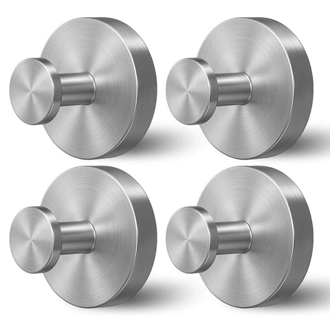 Four stainless steel wall hooks in a set, featuring a brushed finish and circular design.