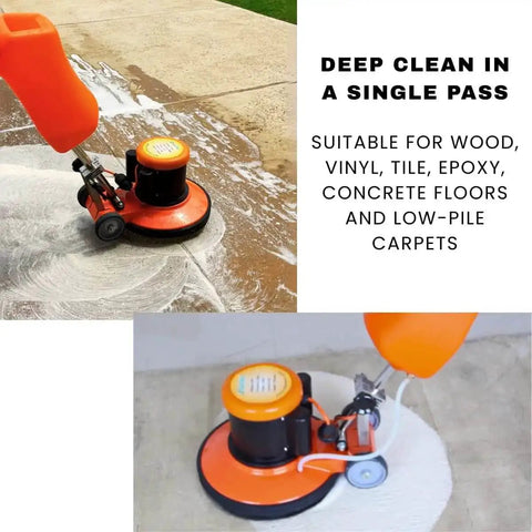Heavy Duty 17 Inch Floor And Carpet Buffer Machine Workhorse With 2.0 HP Motor 175 RPM 3.4 Gallon Water Tank in use on concrete