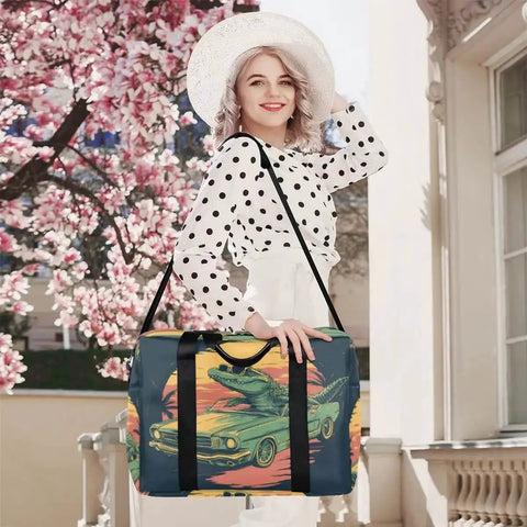 Woman holding Alligator Pattern Travel Duffel Bag For Men And Women Waterproof Gym Bag Carry On Weekender Overnight Foldable 18L Capacity Durable Sports Bag