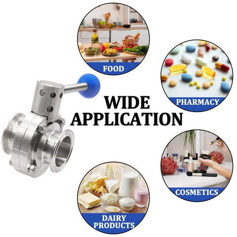 Sanitary butterfly valve, 1.5 inch, 304 stainless steel, tri-clamp with pull handle, 2-pack; for food, dairy, cosmetics, pharma.