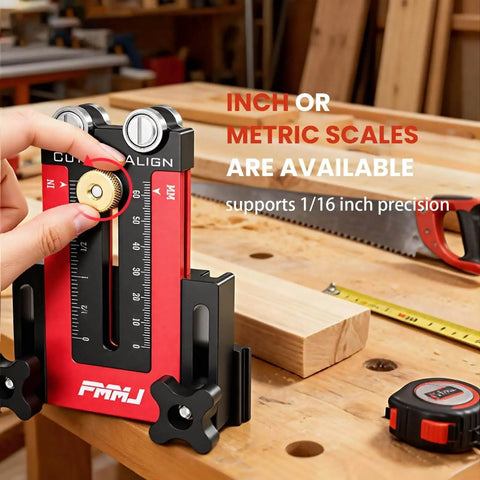 Hand adjusting Boss Level Narrow Rip Table Saw Jig with Dual Pulleys on wooden table, showing inch or metric scales