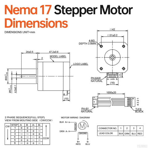 Technical diagram of Dope Nema 17 Stepper Motor Pack 3 Pack YEJMKJ dimensions and wiring details for CNC and 3D printers.