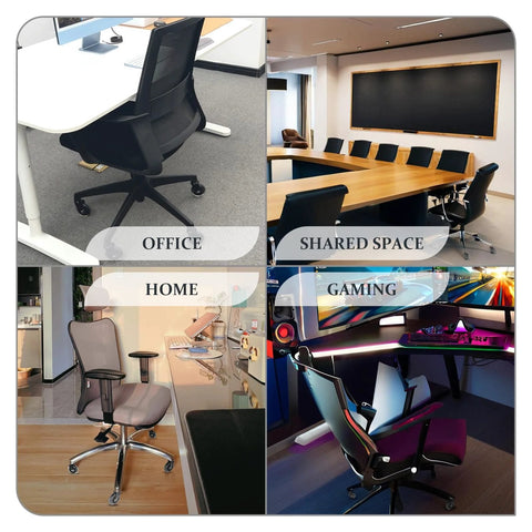 Different chairs with 3 Inch Rubber Chair Wheels Replacement Casters With Seven Sixteenth Inch Stem Universal Fit For Most Rolling And Gaming Chairs Protect Floors On Carpet Hardwood And Tile With Smooth Quiet Rolling Set Of Five Transparent, shown in office, shared space, home, and gaming settings.