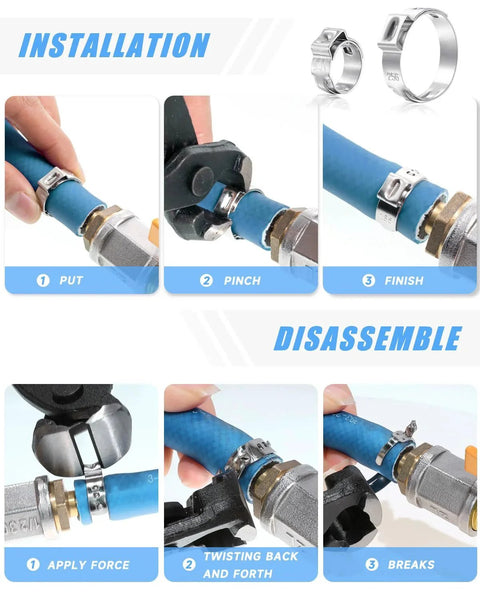 Installation and disassembly steps for 170 Pcs 304 Stainless Steel Single Ear Hose Clamp Set With Ear Clamp Pincer 11 Sizes From Six To Twenty Five Point Six Millimeter Constant Crimp Stepless Cinch Rings Crimp Assortment Kit For Water Pipes Ideal For Automotive Plumbing DIY Projects And.