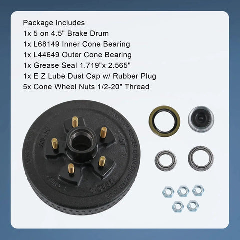 Heavy Duty Trailer Brake Hub Drum Kit Ten Inch And Two And A Quarter Inch Diameter For Three Thousand Five Hundred Pound Axles With Five On Four Point Five Inch Bolt Pattern Replaces Dexter And Other Brands JDMSPEED, parts layout on blue background.