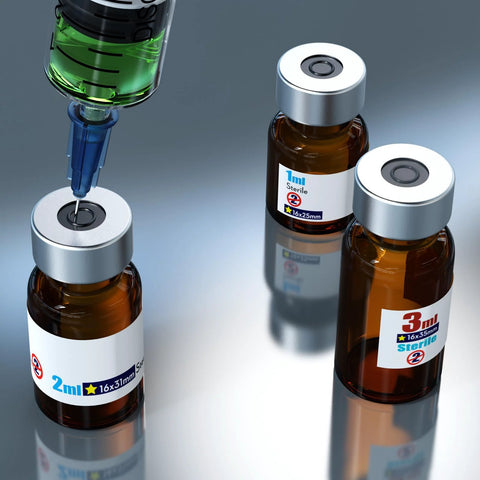 Sterile empty vials with self-healing ports; amber glass, aluminum caps, syringe injecting at port (2ml and 3ml sizes).