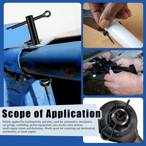 All Purpose Clevis Pin Kit With Cotter Pins And R Clips In 11 Sizes, 67 Piece Set Black Finish shown in various applications