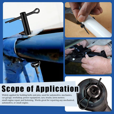Collage showing Clevis Pins Set With Cotter Pins And R Clips In 16 Sizes, black finish, being used on machinery.