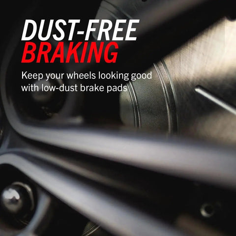 PowerStop rear ceramic brake pads with installation hardware; close-up of brake rotor and caliper.