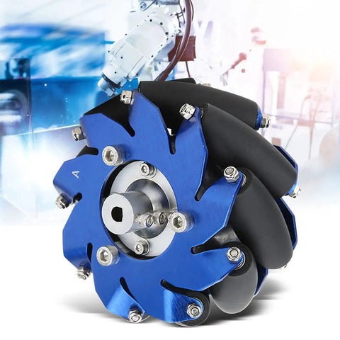 Beefy Omnidirectional 4 Inch Mecanum Wheel Drive with Aluminum Body and TPU Rubber Rollers for robotics projects.