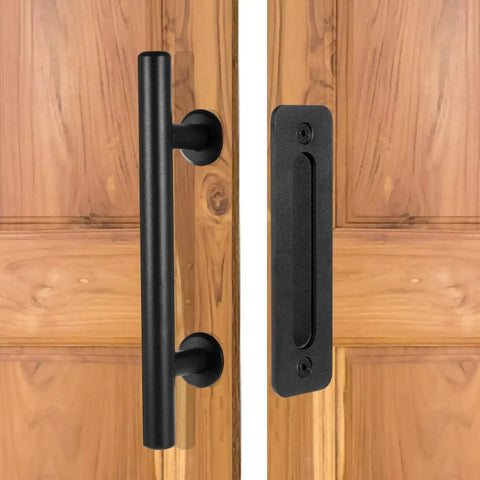 12 Inch Sliding Barn Door Handle Pull With Flush Back Plate, Matte Black Powder Coated Finish, Installed on Wooden Door Surface