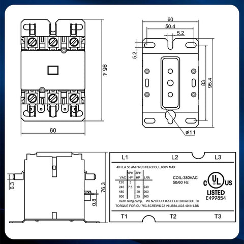 Technical diagram of Beefy Three Pole 40 Amp HVAC Contactor With 24V Coil For Air Conditioners And Heat Pumps, UL listed